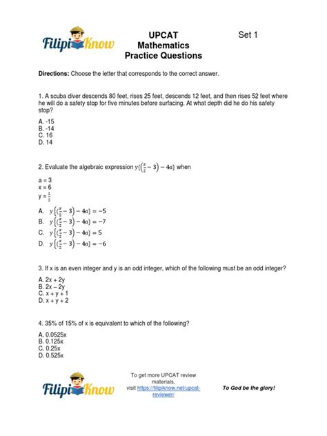 UPCAT Set 1 Mathematics Practice Questions .